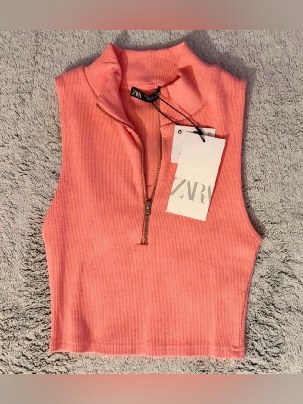 Zara Coral Ribbed Quarter-Zip Sleeveless Top | Size S
